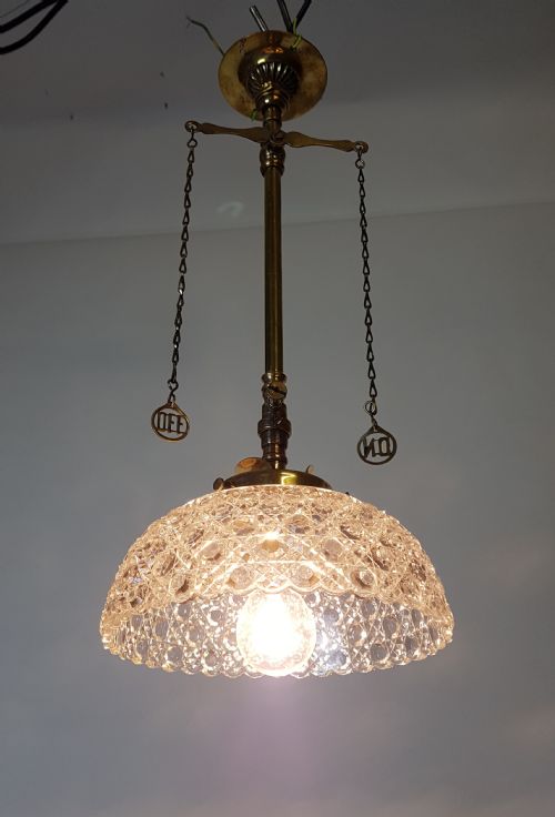 Victorian Brass Gas Pole Ceiling Light with Cut Glass Shade; Rewired