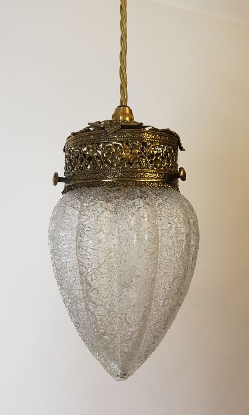 Early Victorian Frosted Glass Ceiling Light with Decorated Brass Gallery; Rewired
