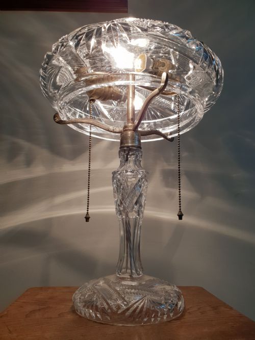 Large C1910 Cut Crystal Mushroom Tiffany Table Lamp with Original Twin Pull Switches; Rewired and Pat Tested