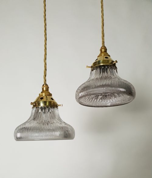 Near Pair of Small Holophane Ceiling Lights, Original Brass Gallery, Rewired