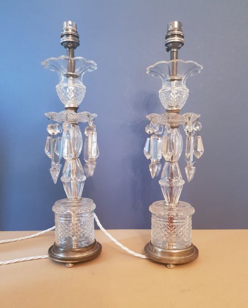 Pair of 1920'S Cut Glass Crystal Table Lamps, Rewired and Pat Tested