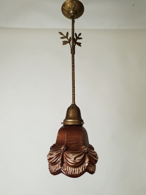 C1910 Dutch Guilded Ceiling Light with Original Ceramic Shade