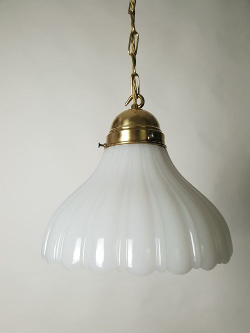 Large Moonstone Ceiling Light with Original Brass Gallery, Rewired