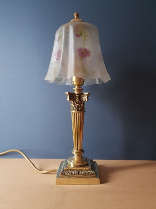 No 1 of a Pair, Corinthian Column Table Lamp with Floral Ceramic Shade.