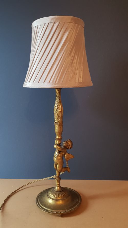 C1890 French Gilded Brass Cherub Table Lamp with Fabric Shade, Rewired and Pat Tested