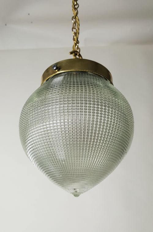 Holophane Prism Pendant Ceiling Light with Original Brass Gallery, Rewired