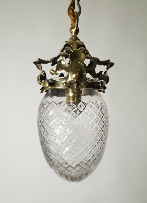 Late Victorian Cut Glass Brass Pineapple Ceiling Light, Rewired