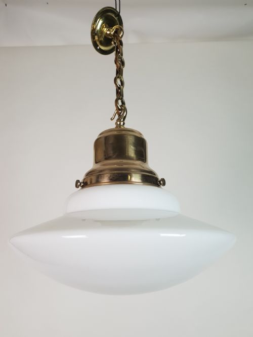 Edwardian Domed Bottom Opaline Ceiling Light with Original Brass Gallery
