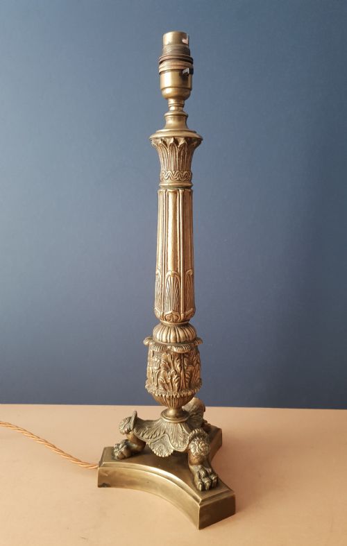 Victorian Brass Column Table Lamp with Decorated Claw Feet, Rewired and Pat Tested
