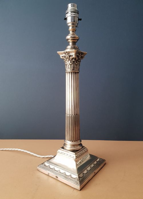 Victorian Large Silver Plated Corinthian Column Table Lamp, Rewired and Pat Tested