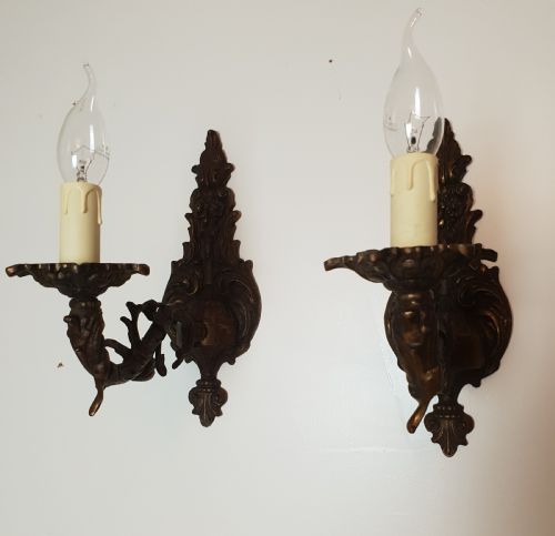 Pair of French Bronzed Brass Wall Lights,  Rewired