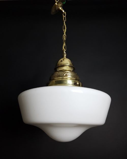 School / Chapel White Ceiling Light with Brass Gallery; Rewired C.1930
