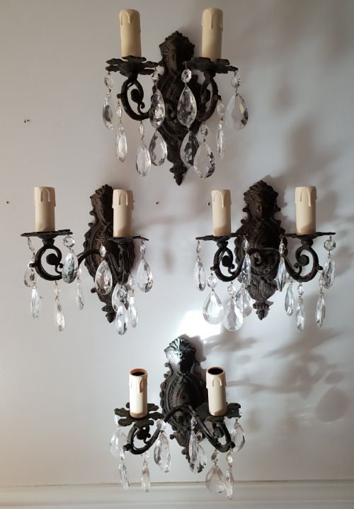 Set of 4 French Aged Brass Classical Face Embossed Wall Lights, Rewired