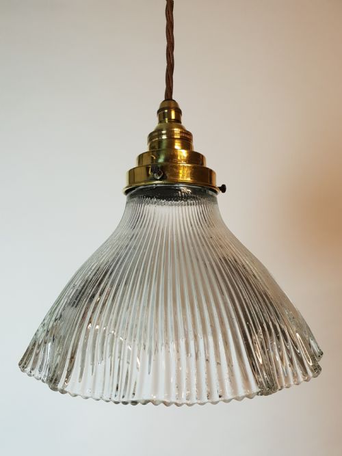 Single Holophane Ceiling Light with Stepped Brass Gallery, Rewired