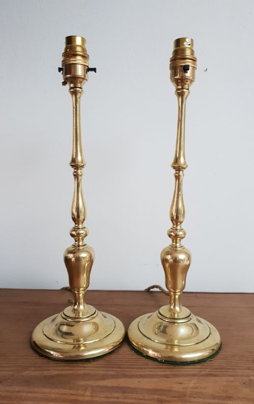 Pair of 1920'S Slender Brass Table Lamp Bases, Rewired and Pat Tested
