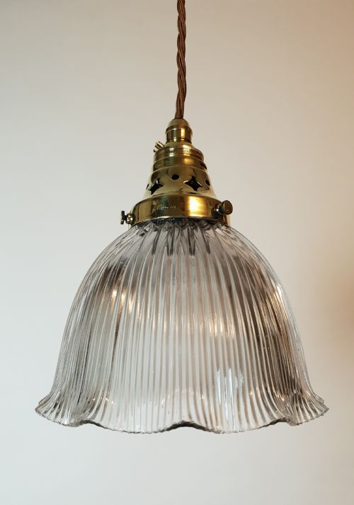 Single Holophane Pendant Ceiling Light with Original Brass Gallery