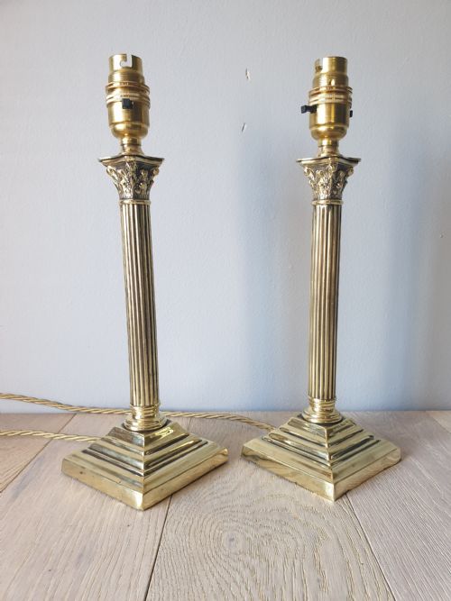 C1910 Pair of Small Corinthian Column Brass Table Lamps, Rewired and Pat Tested