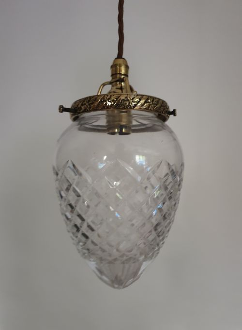 Cut Glass Crystal Ceiling Light with Decorative Polished Brass Gallery, Rewired