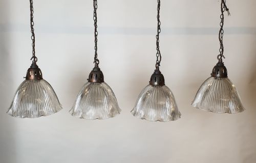 Set of 4 Holophane Ceiling Lights with Distressed Galleries, Rewired