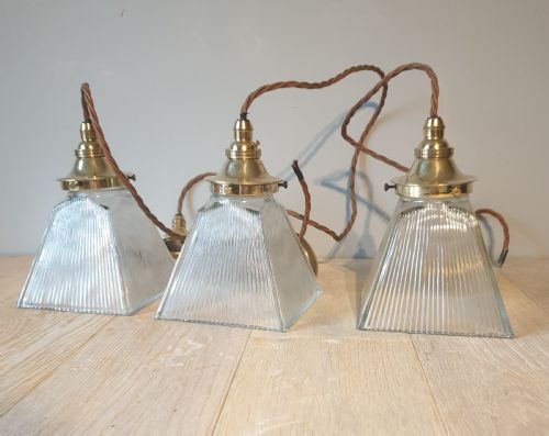 Set of 3 1920'S Square Glass Ceiling Pendant Lights, Rewired