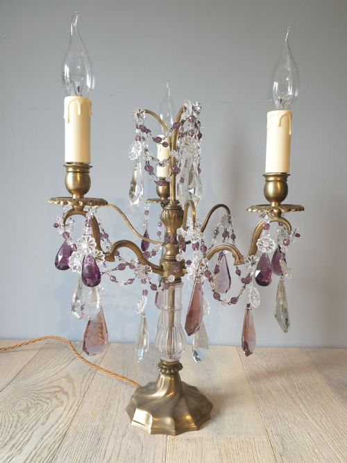 C1930 French 3 Arm Gilded Brass Crystal Candelabra; Rewired and Pat Tested