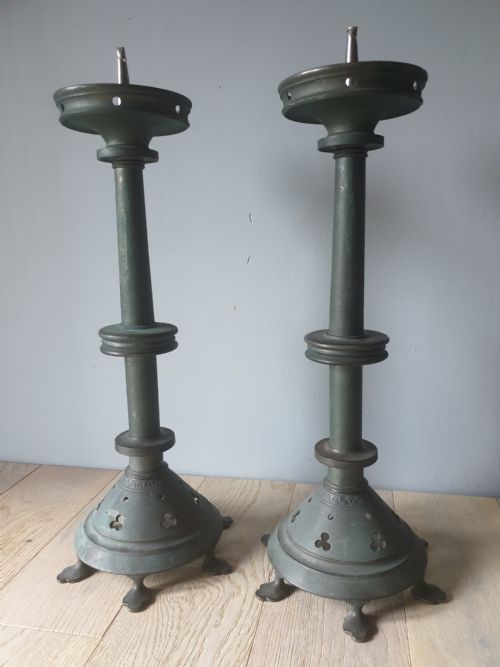 Pair of C1920 French Brass Candle Sticks with Verdigris