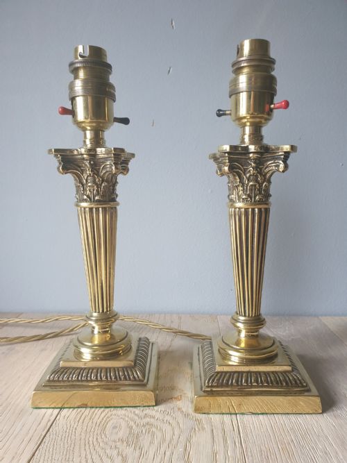 Pair of Minature High Quality Brass Corinthian Column Table Lamps, C1910, Rewired and Pat Tested