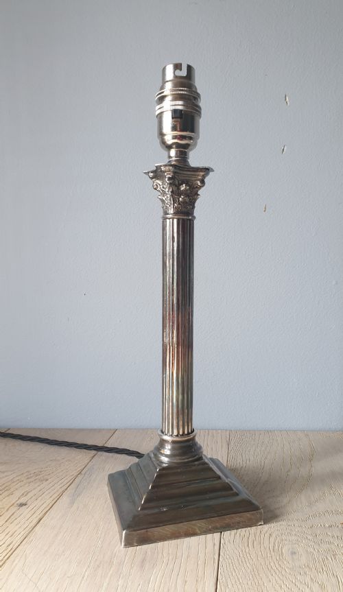 Small Nickel Plated Corinthian Column Table Lamp, Rewired and Pat Tested