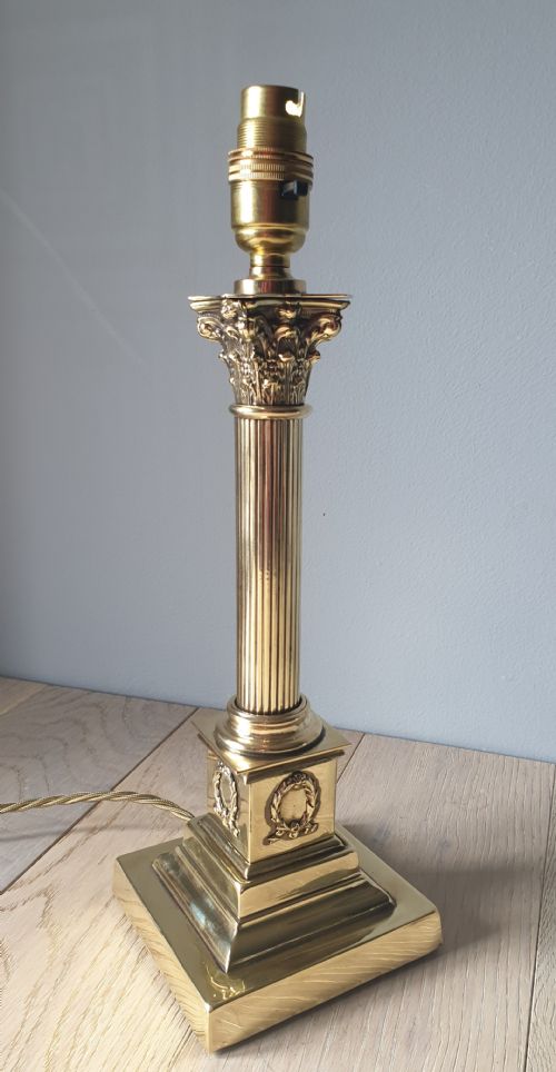 C1910 Classical Corinthian Column Brass Table Lamp, Rewired and Pat Tested