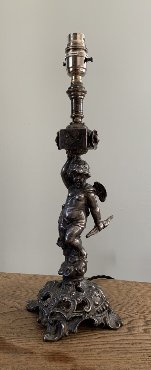 French Distressed Silver Pewter Plated Brass Cherub Table Lamp, Rewired and Pat Tested