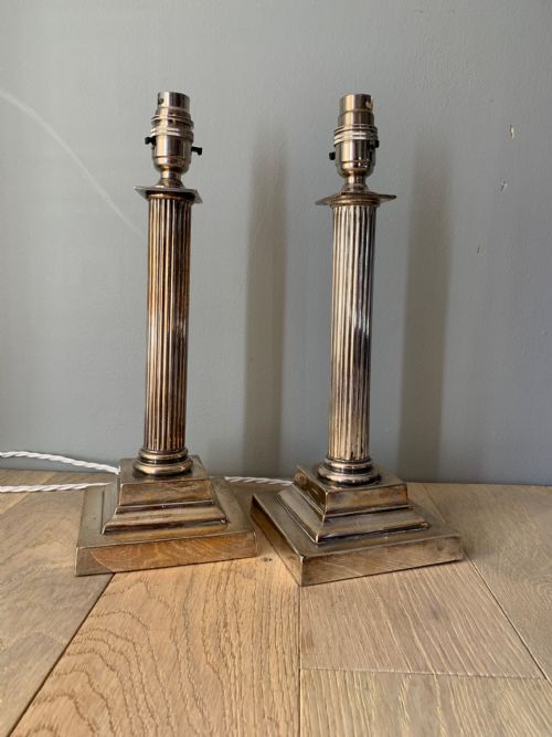 Pair Silver Plated Brass Corinthian Column Table Lamps, Rewired and Pat Tested