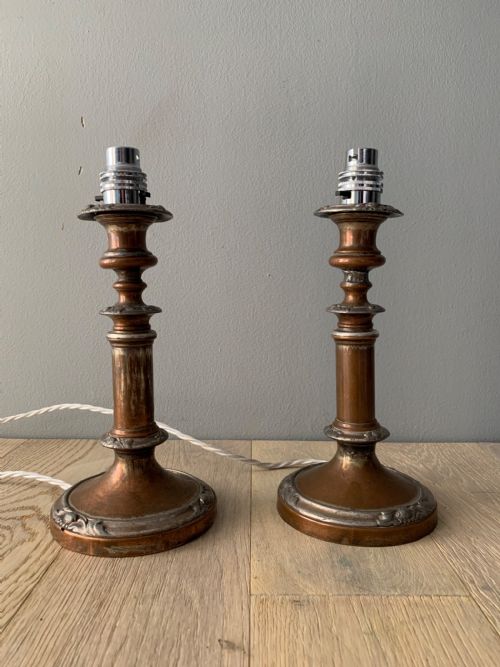 Pair of English Distressed Silver Plated Brass Table Lamps, Rewired and Pat Tested