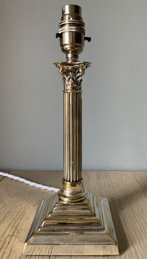Small Distressed Silver Plated Brass Corinthian Column Table Lamp, Rewired and Pat Tested