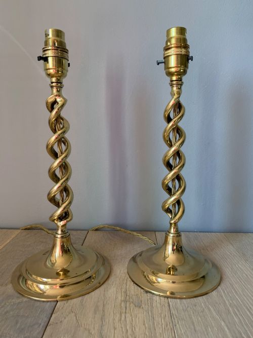 Pair of 1920s Brass Twist Table Lamps, Rewired and Pat Tested