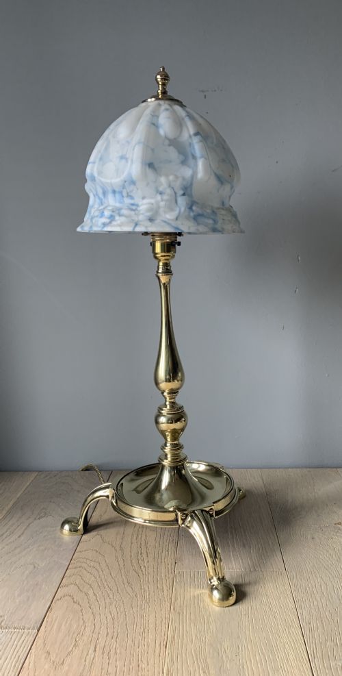 Large Edwardian Brass Table Lamp with Ceramic Shade, Rewired and Pat Tested