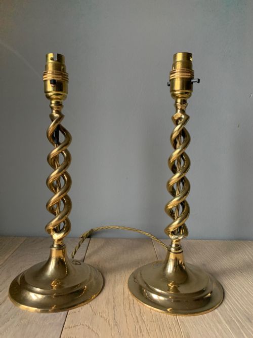 Pair of 1920s Brass Twist Table Lamps, Rewired and Pat Tested
