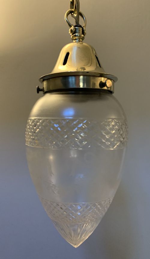 Cut & Frosted Edwardian Pendant Light with Cast Brass Gallery, Rewired