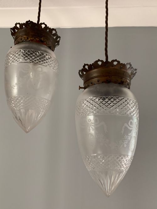Pair of S.fauer Aged Brass Cut Glass Pendant Ceiling Lights, Rewired