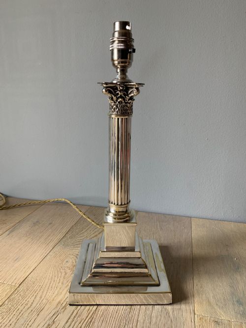 1920’S Distressed Chromed Brass Corinthian Column Table Lamp, Rewired and Pat Tested