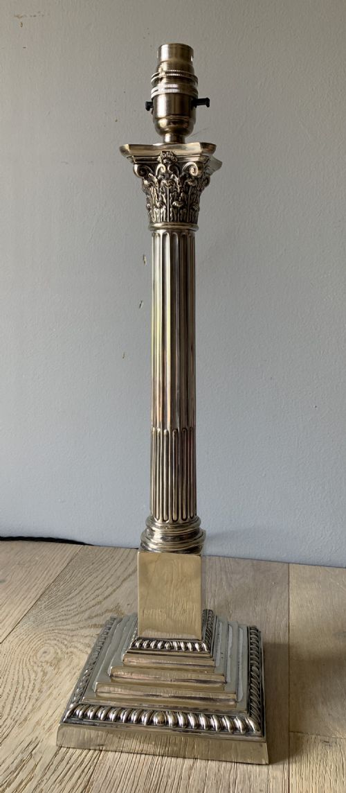Large Silver Plate Corinthian Column Table Lamp, Rewired and Pat Tested