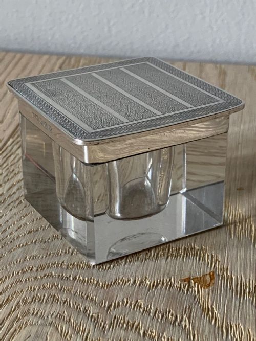Art Deco Henry Matthews Silver Amounted Glass Inkwell, Birmingham 1929