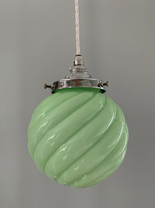 Art Deco Green Pendant Ceiling Light, Lamp, Shade, Rewired