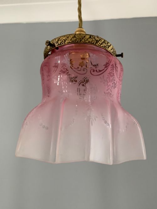 Etched Cranberry Pendant Ceiling Light, Lamp, Shade, Rewired