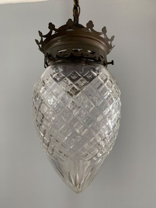Aged Brass Cut Glass Ceiling Pendant Lamp, Shade, Rewired