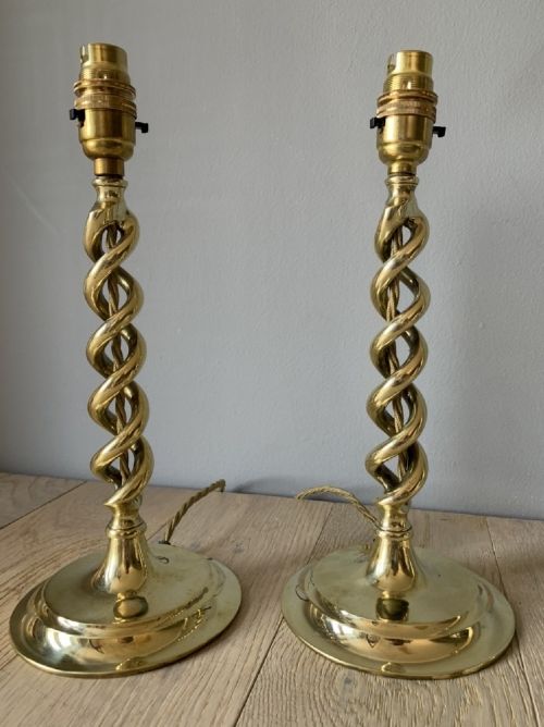1920’S Brass Twist Pair of Table Lamps; Rewired and Pat Tested