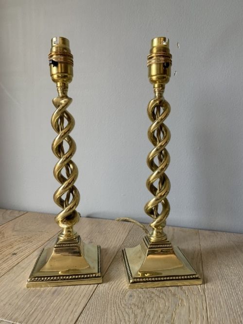 1920’S Square Base Brass Twist Pair of Table Lamps