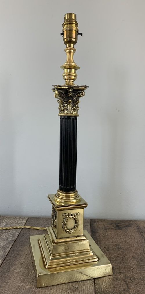 C1880 Quality Brass and Coromandel Corinthian Column Table Lamp, Registration Mark, Rewired and Pat Tested