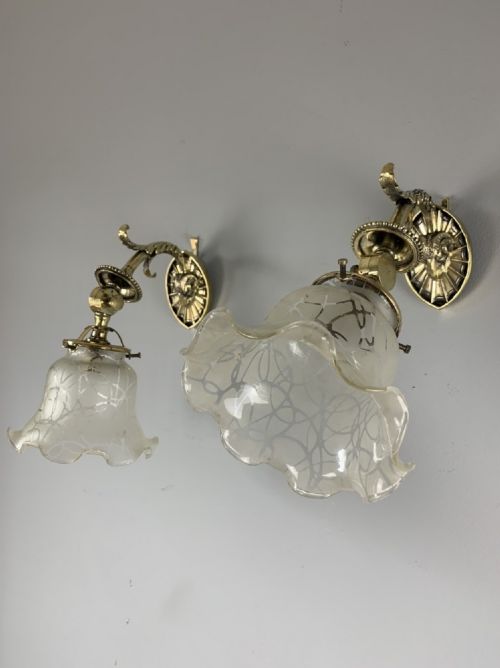 Adjustable Fine Rams Head Brass Pair of Wall Lights, English, Original Shades, Rewired