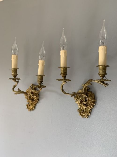 Pair of French Ornate Gilt Wall Lights, Rewired
