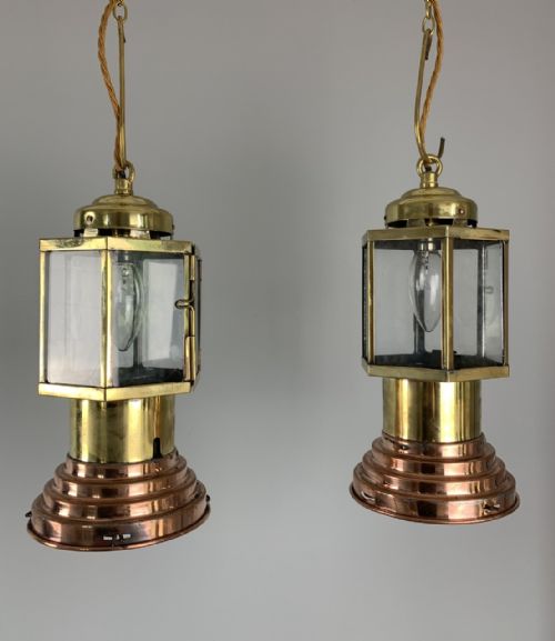 Pair of Victorian Brass and Copper Lanterns, Ceiling Lights, Rewired